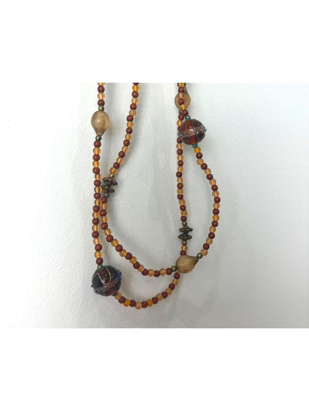 Vintage Long Beaded Necklace with Brown and Amber Tones